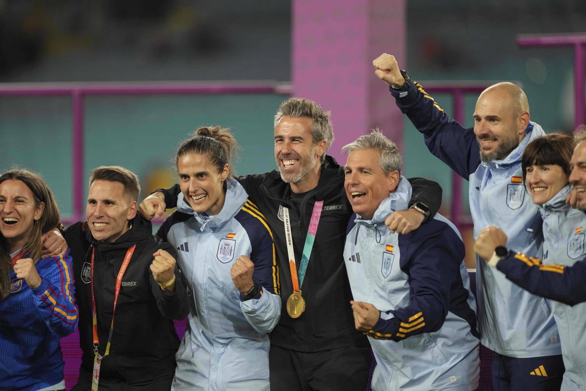 Jorge Vilda pictured (center) celebrating with his coaching staff following Spain's victory in the 2023 Women's World Cup final